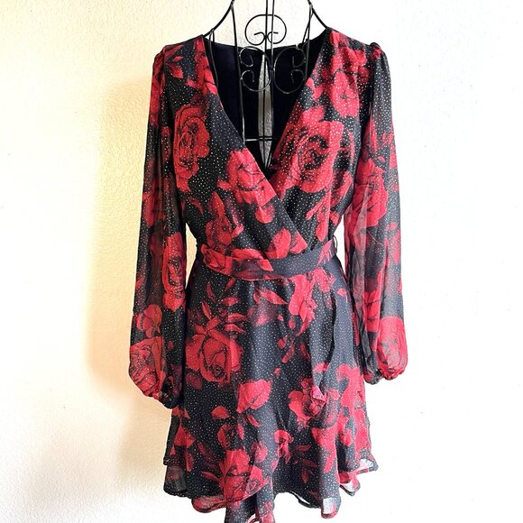 NEW! CITY TRIANGLES Dress Women 7 Floral Fit Flare Belted Sparkle Black Red - Picture 1 of 14